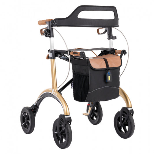 Saljol carbon fibre rollator in champagne gold with its black bag