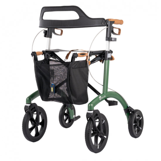 Green Saljol rollator with the stick holder fitted to the frame
