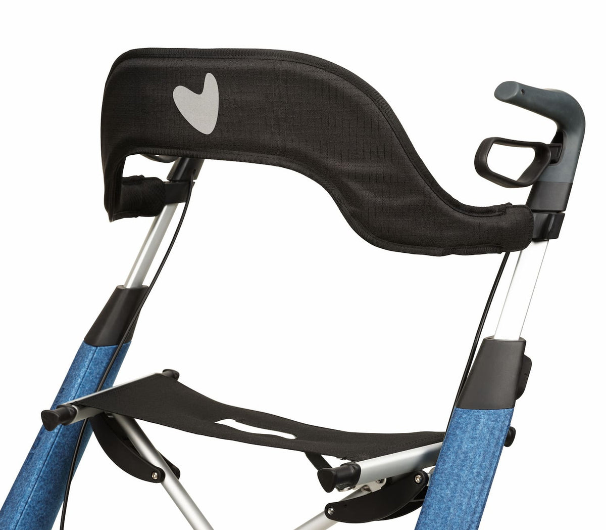 Close-up of the padded backrest and its reflective heart on a blue Carbon Overland