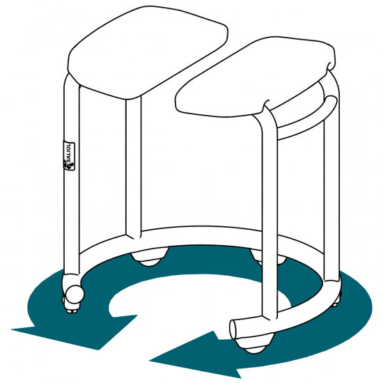 Diagram of the Saljol shower stool showing its 360-degree rotation on the spot