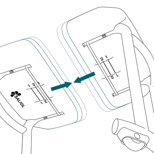 Diagram showing the two halves of the Saljol shower stool seat sliding to adjust the hygiene cutout
