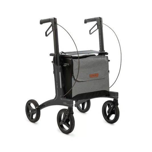 Rollz Air carbon rollator in coal black with its bags, three-quarter view
