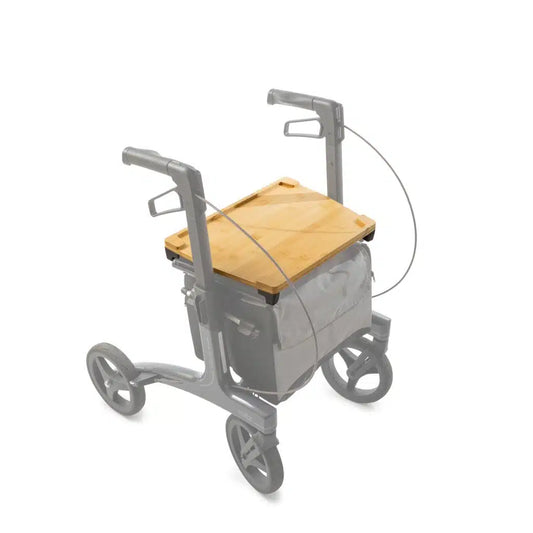 Bamboo tray fitted over the seat of a Rollz Air rollator