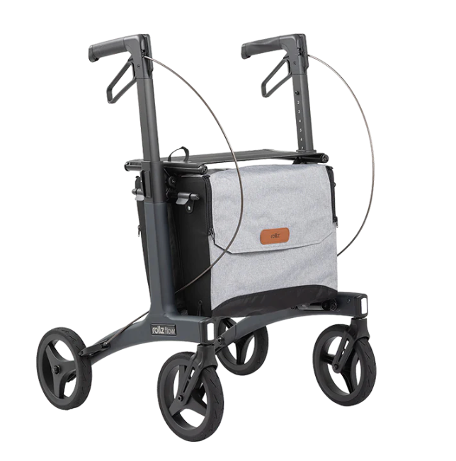 Rollz Flow rollator in black with its grey shopping bag