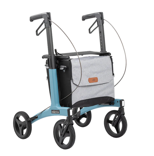 Rollz Flow rollator in teal with its grey shopping bag