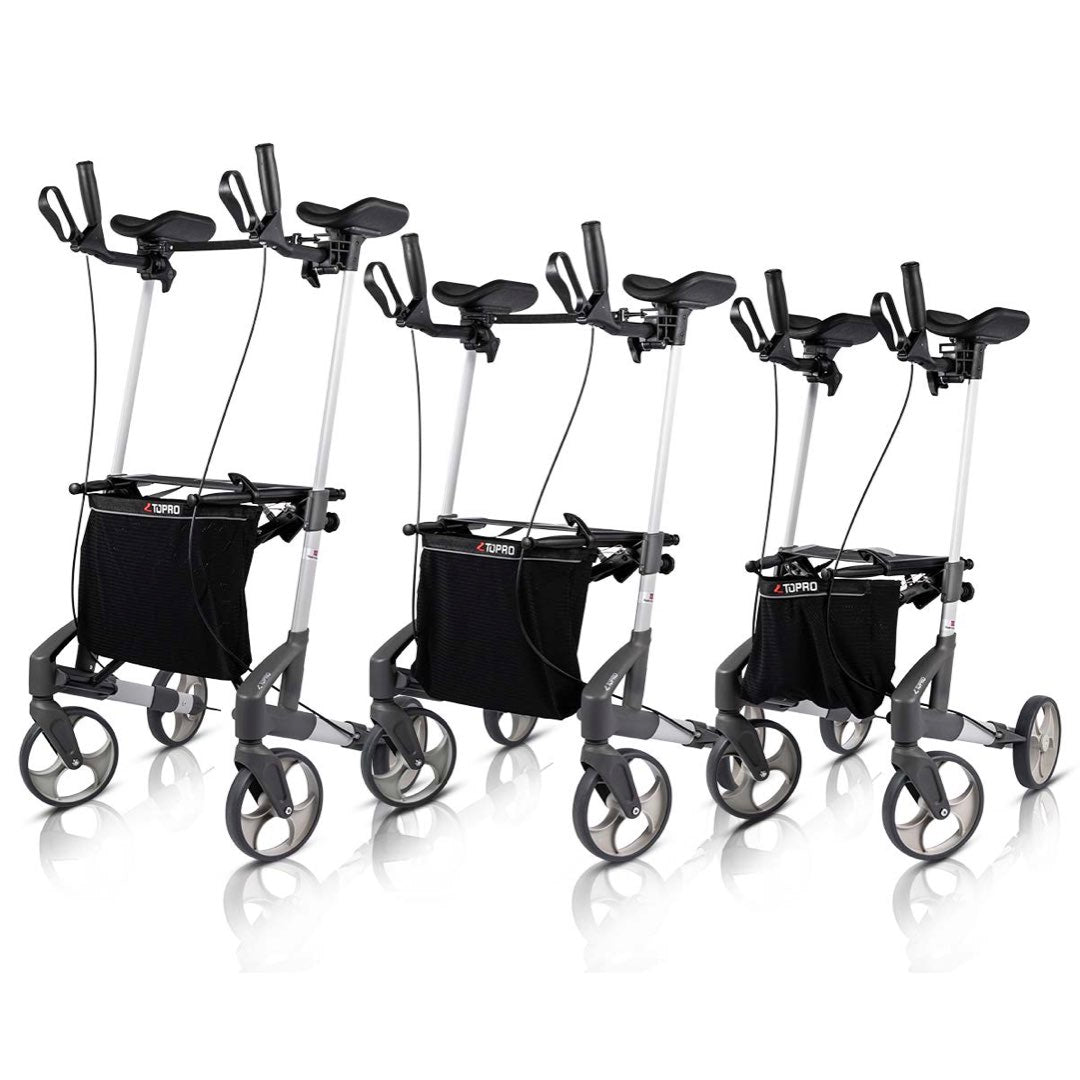 The three sizes of the TOPRO Troja Walker² forearm walker shown side by side
