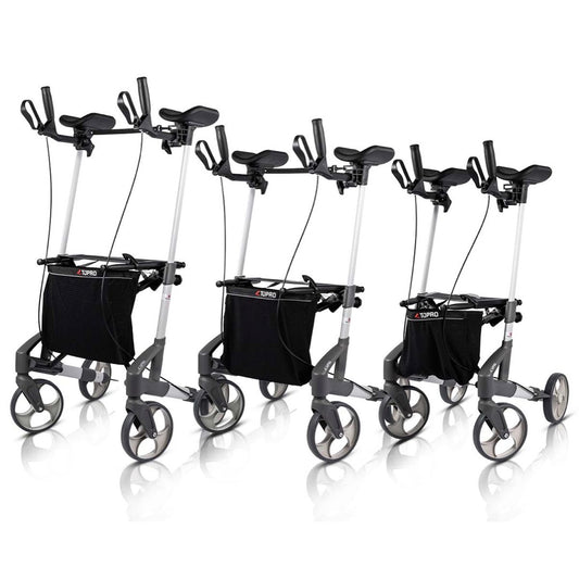 The three sizes of the TOPRO Troja Walker² forearm walker shown side by side
