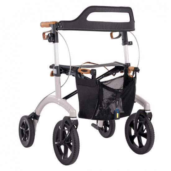 Saljol Allround rollator in champagne, with cork handles and mesh basket