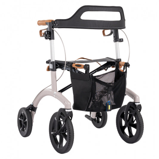 Saljol Allround rollator in champagne, with cork handles and mesh basket