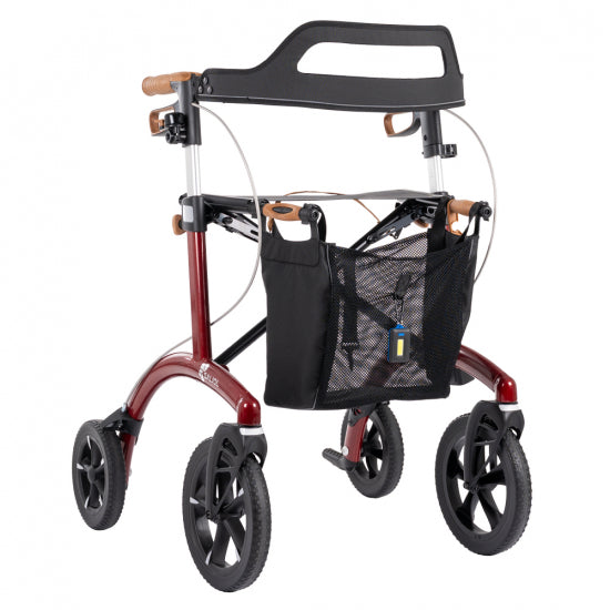 Saljol Allround rollator in red, with cork handles and mesh basket