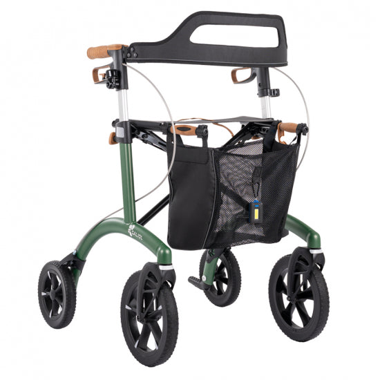 Saljol Allround rollator in green, with cork handles and mesh basket