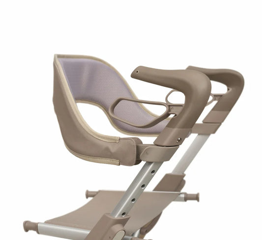 Close-up of the taupe padded backrest and seat of the byACRE Carbon Ultralight