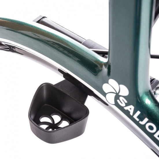 Black Saljol stick holder cup mounted on a green Saljol rollator frame