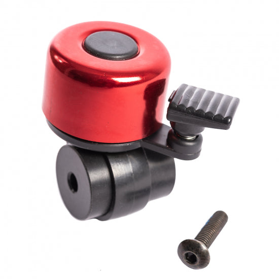 Close-up of the red Saljol rollator bell with its fixing bolt
