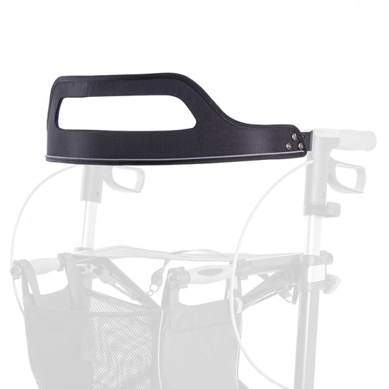 The black Saljol backstrap shown fitted across a rollator frame
