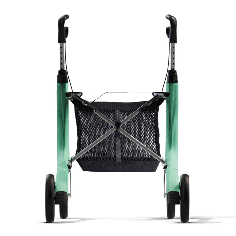 byACRE mesh bag fitted to a mint green carbon rollator, front view