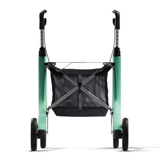 byACRE mesh bag fitted to a mint green carbon rollator, front view