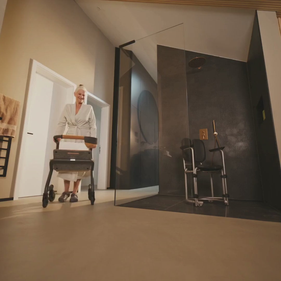 Video of the Saljol shower chair swivelling on the spot while someone is seated on it