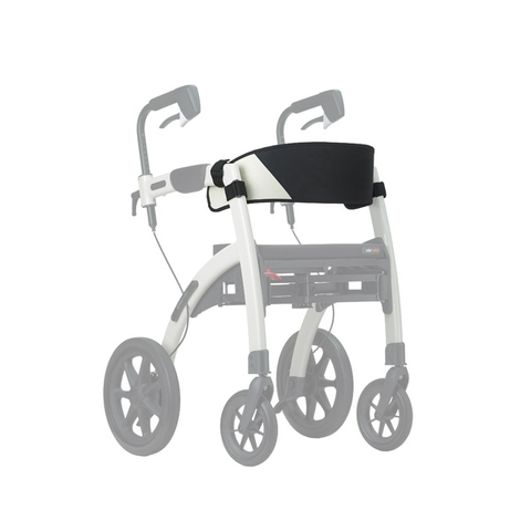 Black padded Rollz Motion back support fitted across a rollator frame