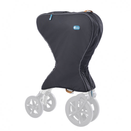 Navy Saljol travel bag covering a rollator, frame outline showing through