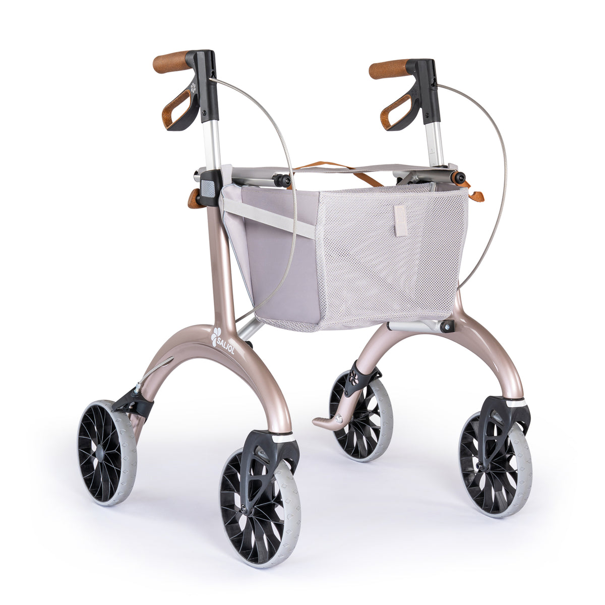 Saljol Carbon Superlight rollator in rose gold with its white shopping net