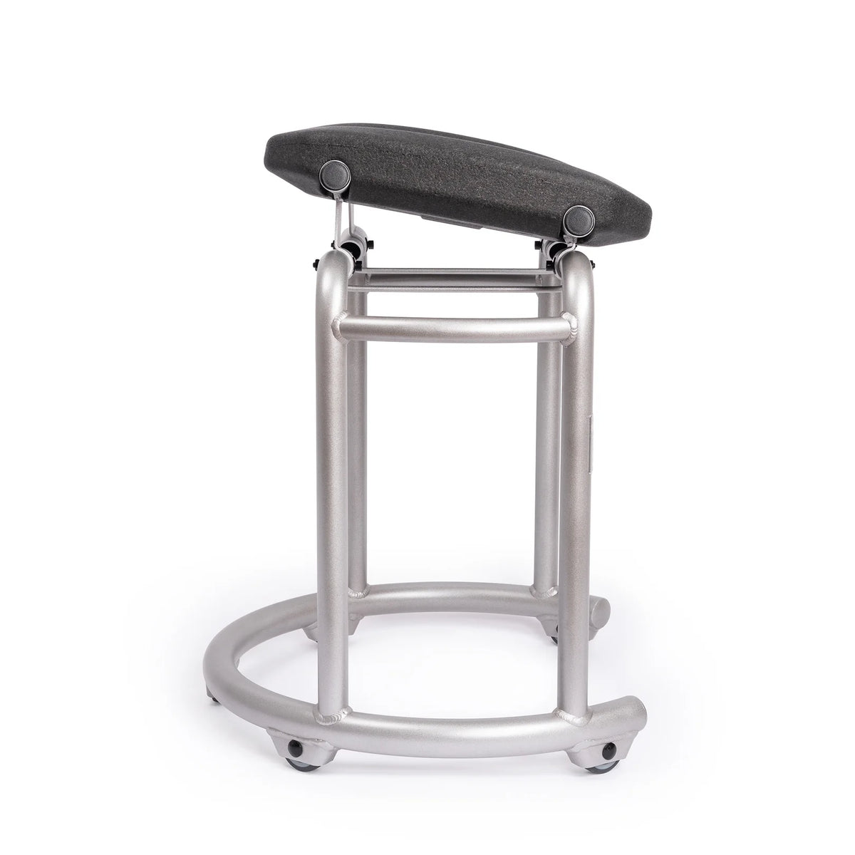 Saljol shower stool seen from the side with the adapter set fitted, seat tilted into the wedge position